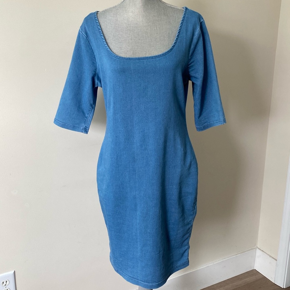 Iris Bodycon Stretch 3/4 Sleeve Fitted Knee Length Sheath Dress Blue Denim Large
